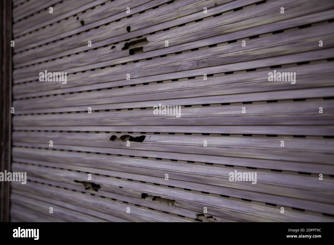 Broken exterior blinds in urban house, construction and architecture Stock Photo