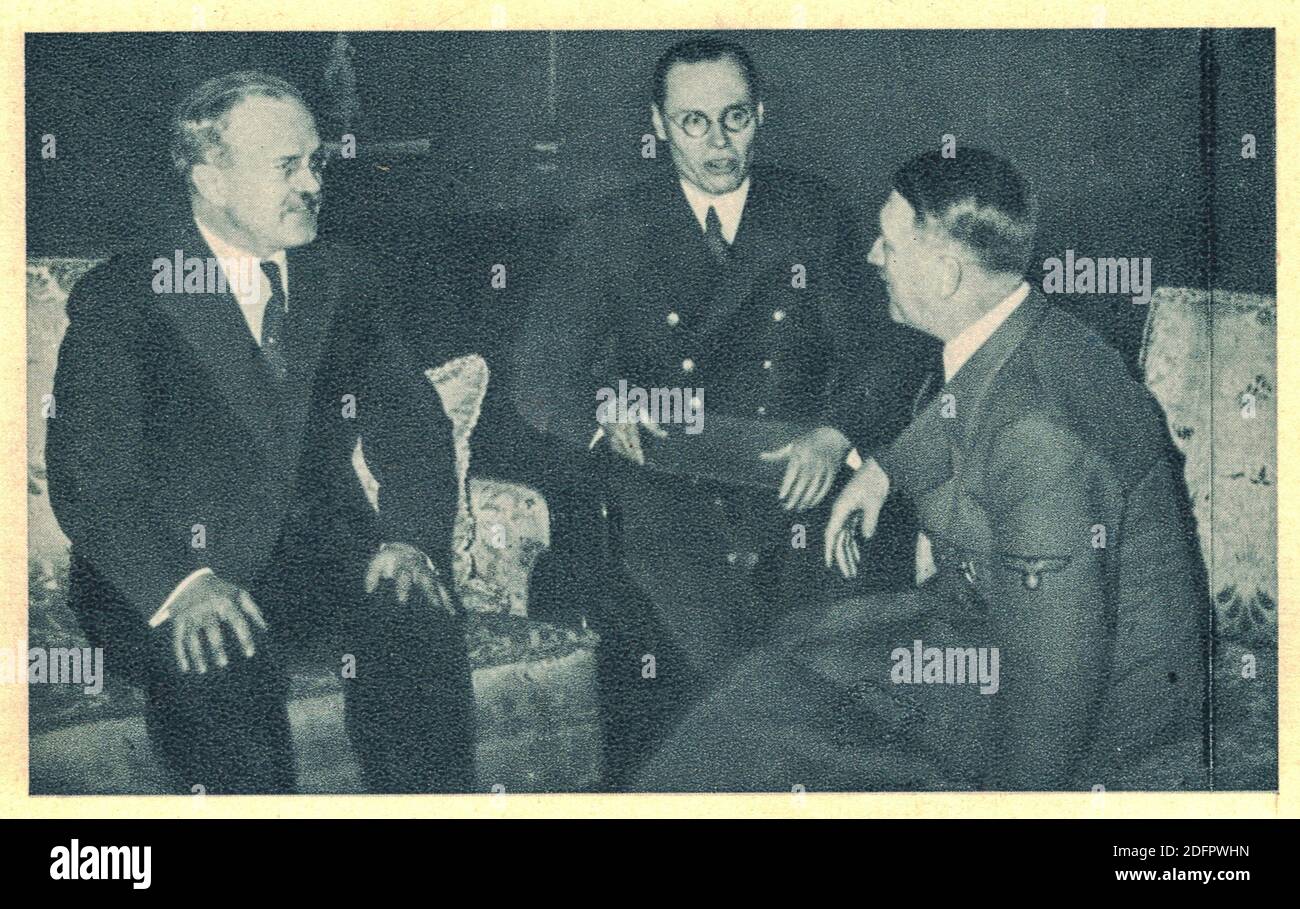 BERLIN - NOVEMBER 12, 1940: Molotov and Hitler in conversation, Counselor Gustav Hilger interprets. Soviet Foreign Minister Vyacheslav Molotov arrives Stock Photo