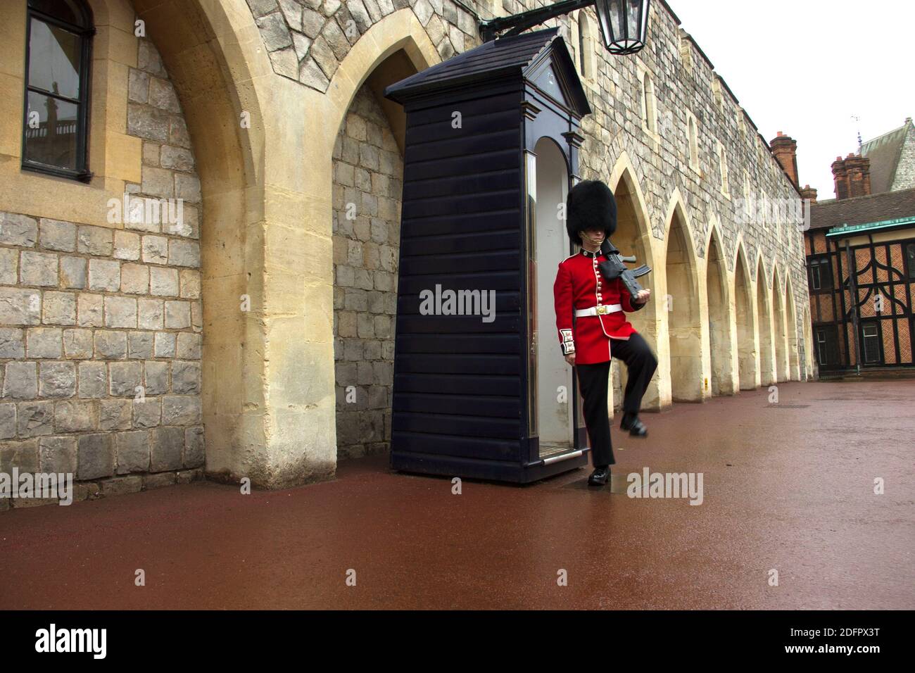 British Royal Guard outside Guard Room at Windsor Castle. Windsor, Berkshire, England, UK. Stock Photo