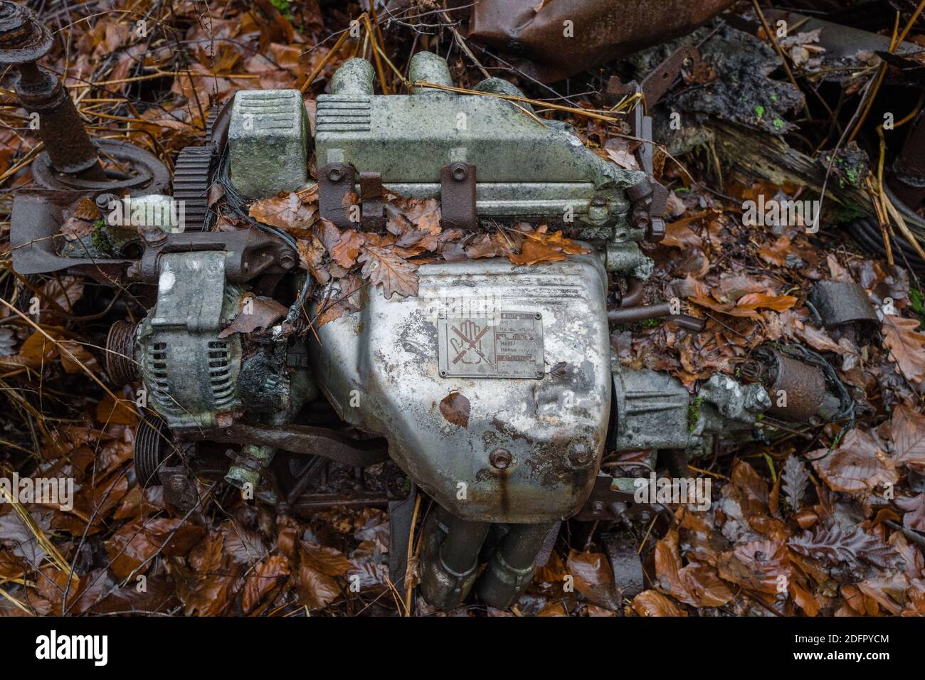 Engine remains of a burnt out car. Stock Photo