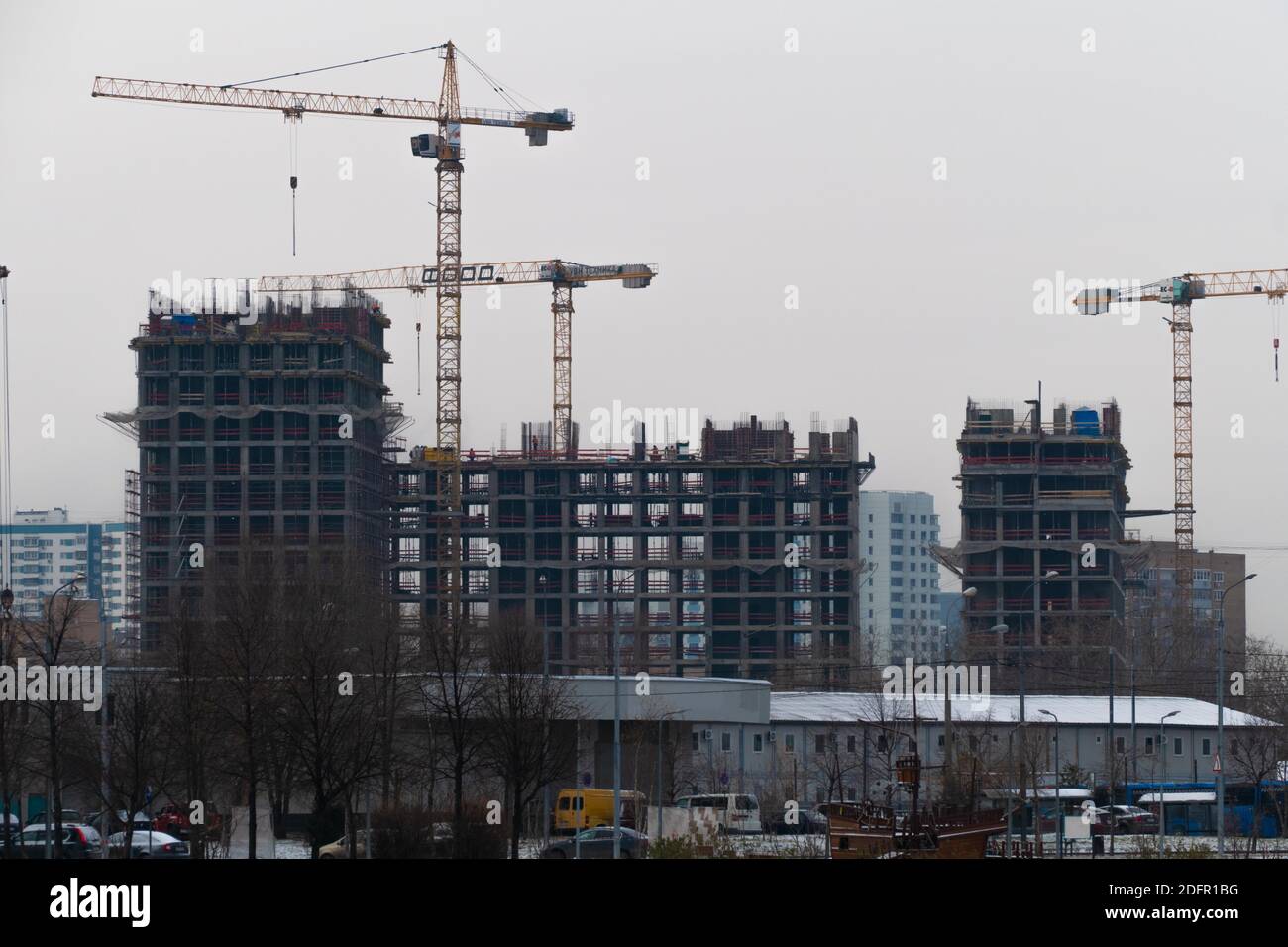 Construction of high-rise buildings in Moscow with cranes 2020 Stock Photo