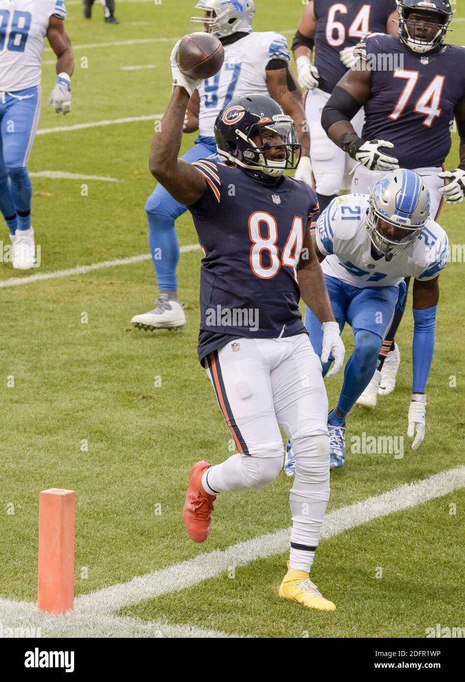 Chicago, United States. 06th Dec, 2020. The Chicago Bears celebrate Bilal  Nichols (98) fourth quarter interception against the Detroit Lions at  Soldier Field in Chicago on Sunday, December 6, 2020. The Detroit