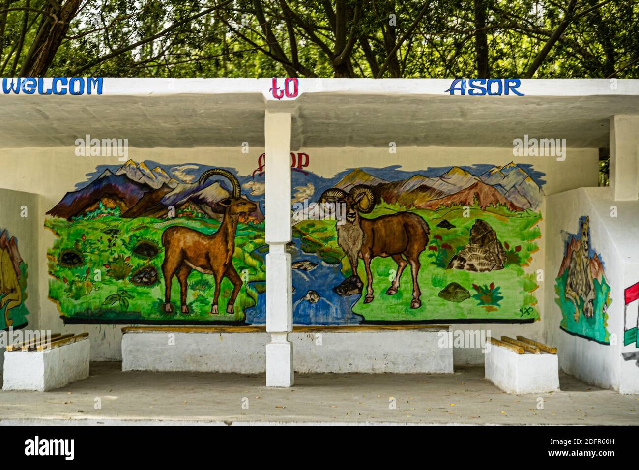 Bus stop decorated with capricorns in Hisor, Tajikistan Stock Photo