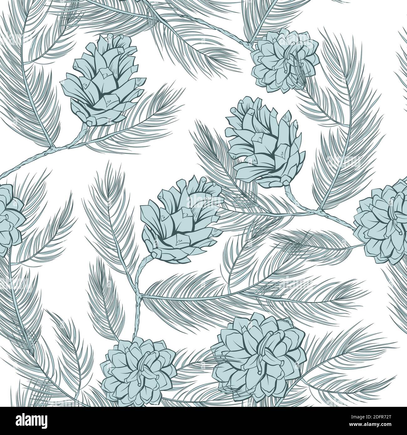 Cones pattern of fir or pine, seamless background, vector green tree branch spruces decoration. Pine cones pattern in pastel color, wallpaper and textile seamless print vintage. White background Stock Vector