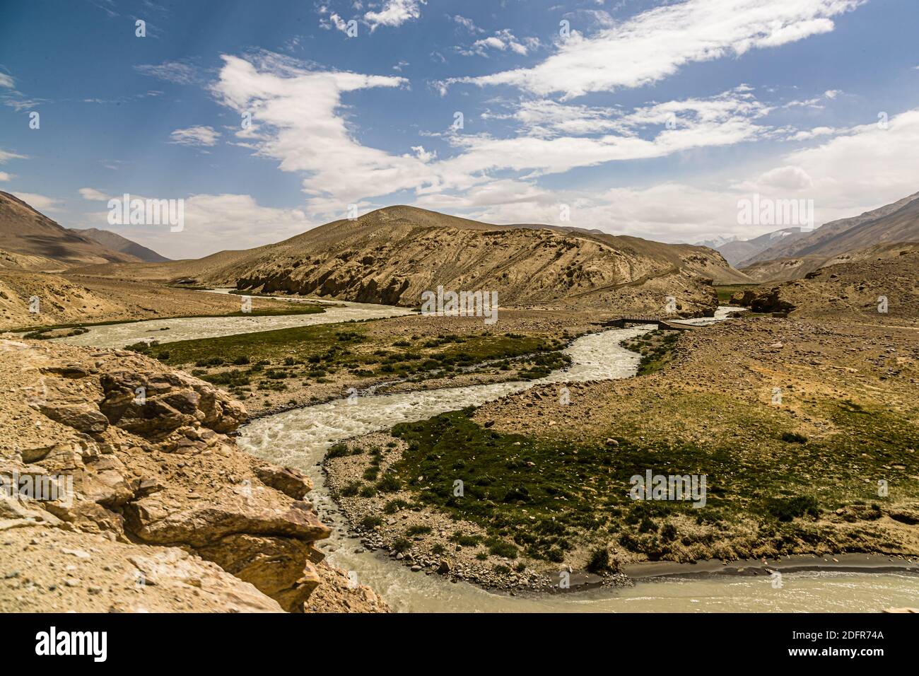 River junction near Silk Road in Murghob District, Tajikistan Stock Photo