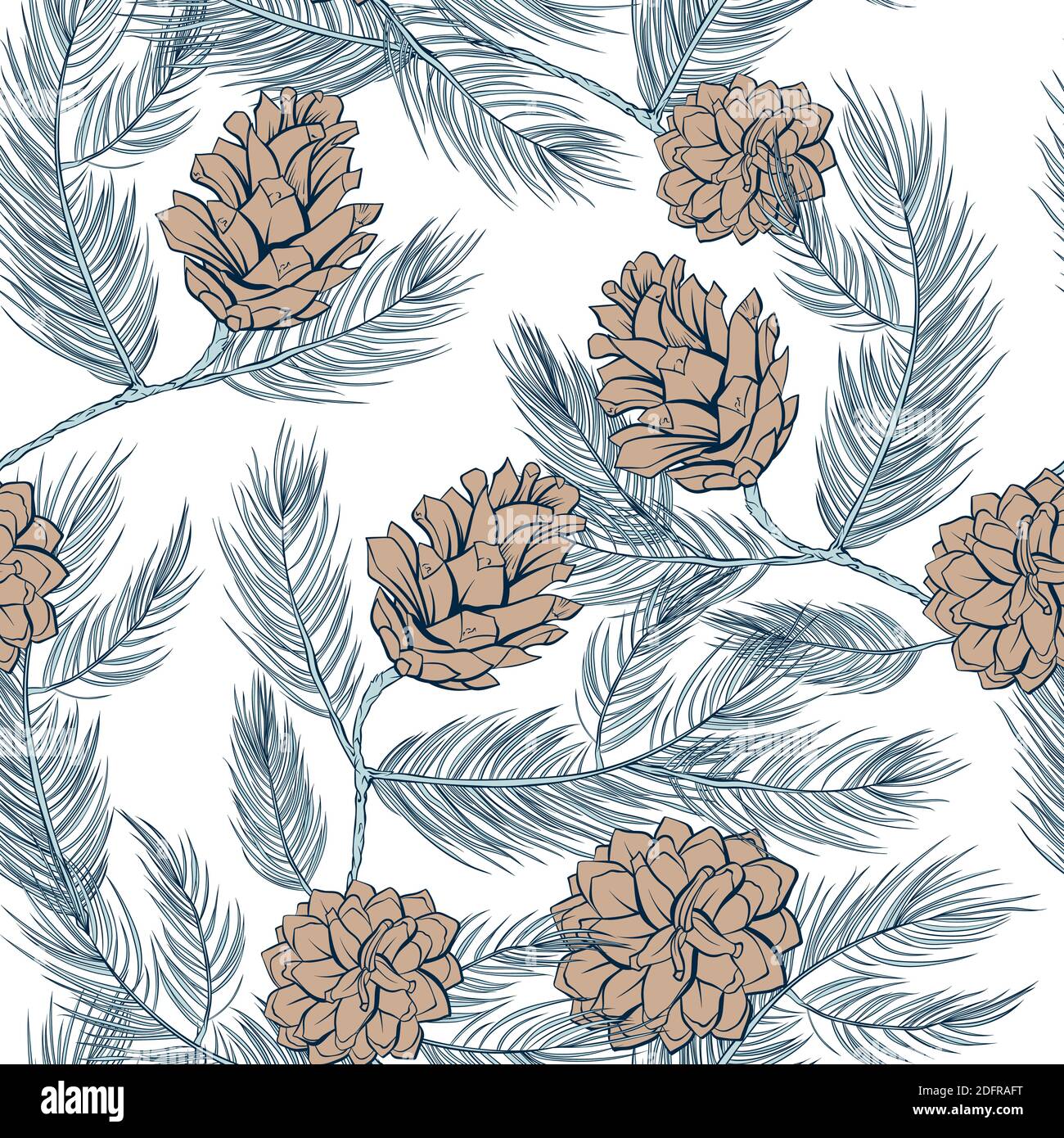 Cones pattern of fir or pine branches, seamless background, vector green tree branch spruces decoration. Pine cones pattern in pastel color, wallpaper and textile seamless print vintage. White background Stock Vector