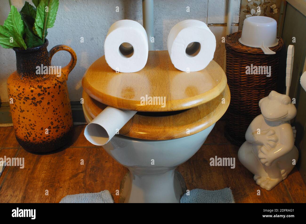 Humorous face created from a wooden toilet seat and bath tissue rolls in the bathroom Stock Photo