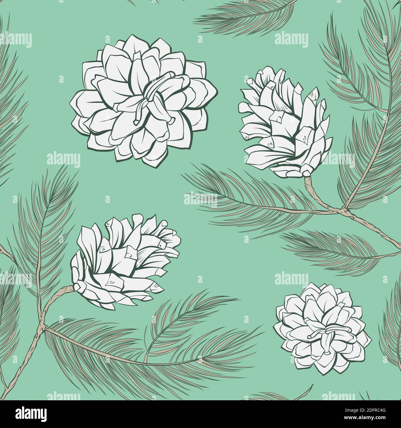 Cones pattern of fir or pine, seamless background, vector green tree branch spruces decoration. Pine cones pattern in pastel color, tile, wallpaper and textile seamless print vintage or trendy design Stock Vector