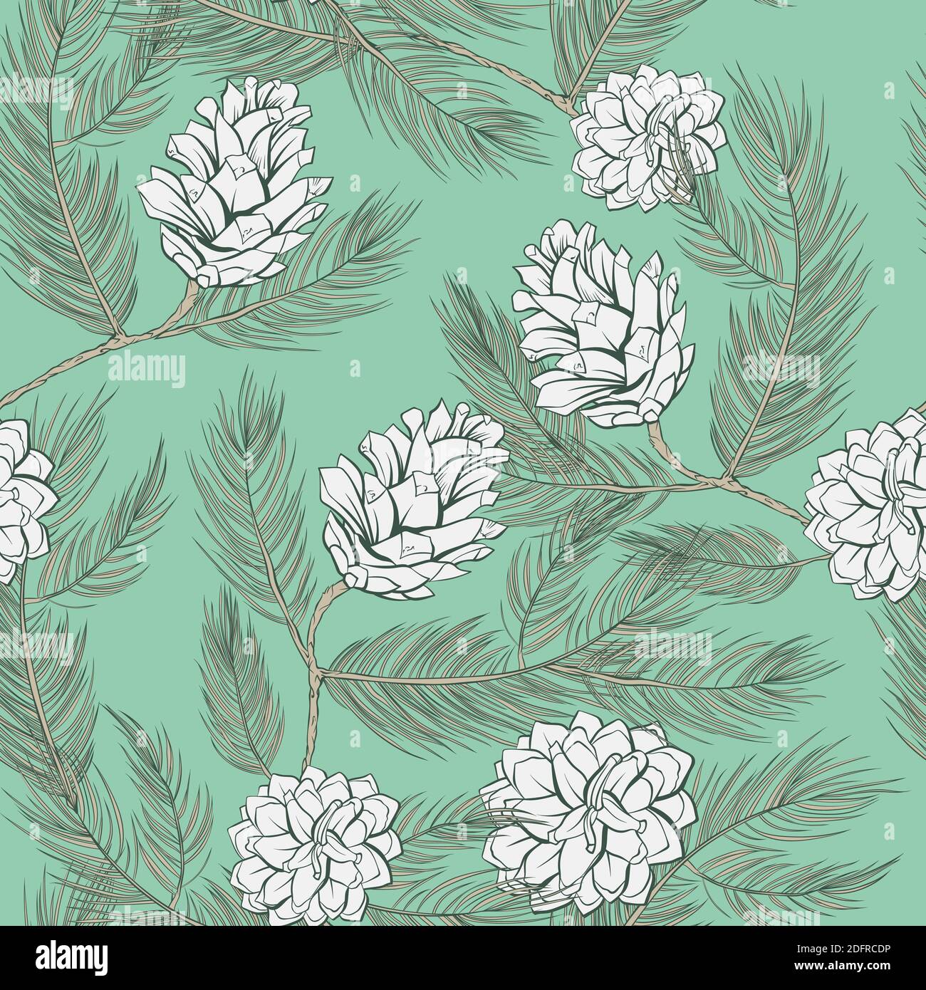 Cones pattern of fir or pine, seamless background, vector green tree branch spruces decoration. Pine cones pattern in pastel color, tile, wallpaper and textile seamless print vintage or trendy design Stock Vector