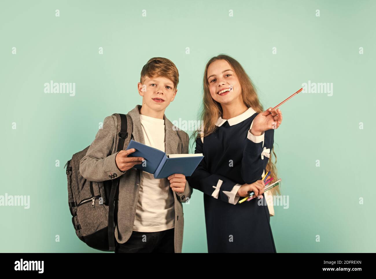 Classes for teens. International students exchange. School knowledge. Talent development. Better together. Student ready for lessons. Regular school program. School education for advanced level. Stock Photo