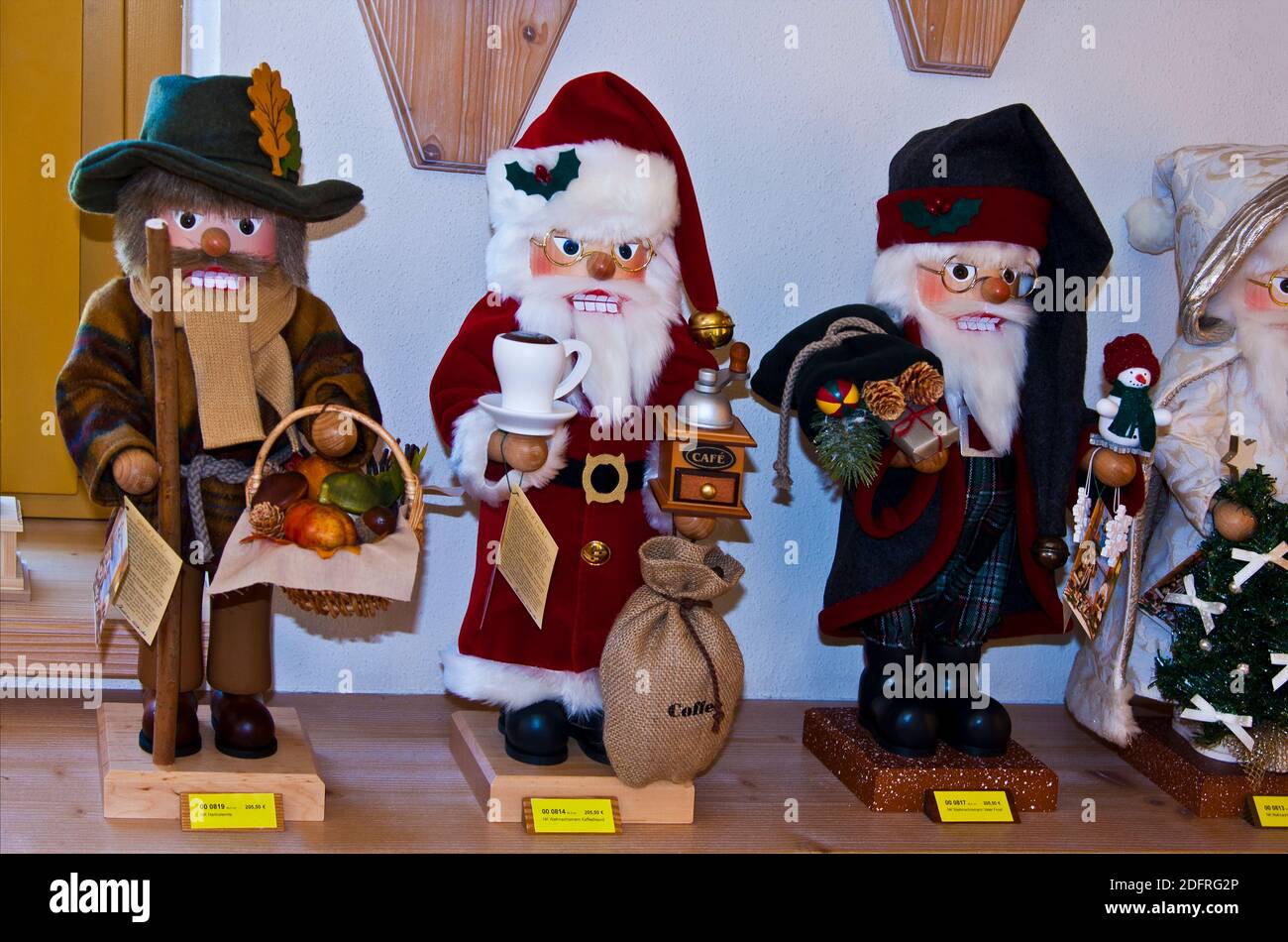 Traditional Saxon German hand carved and turned ornaments and figurines made in Seiffen, Germeny in the district of Saxony. Stock Photo