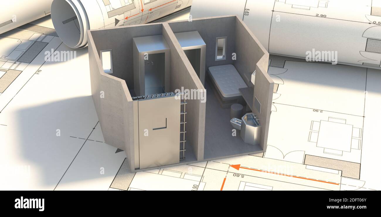 Prison cell double unit model on blueprint plan background. ADX supermax maximum security penitentiary cage design and construction. 3d illustration Stock Photo