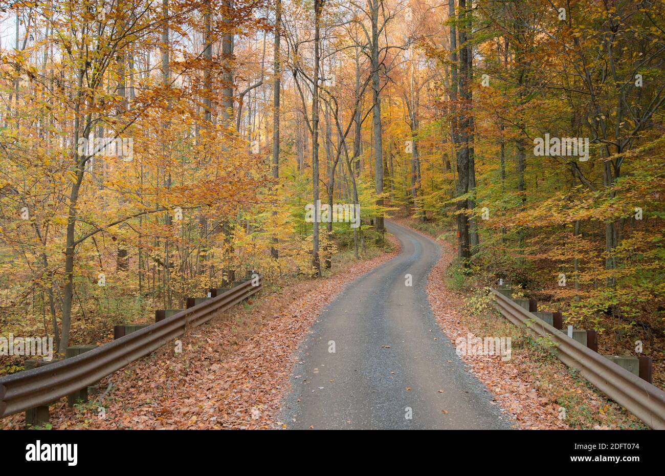 Scenic country road winds along Bull Run Mountain in the Virginia Piedmont. Stock Photo