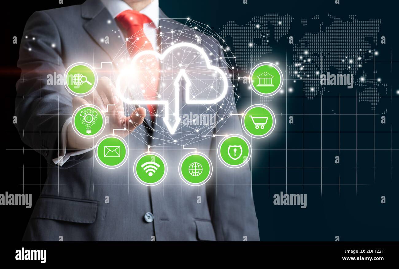 Businessman touching the cloud icon as a Cloud computing, Technology connectivity concept. Mixed media Stock Photo