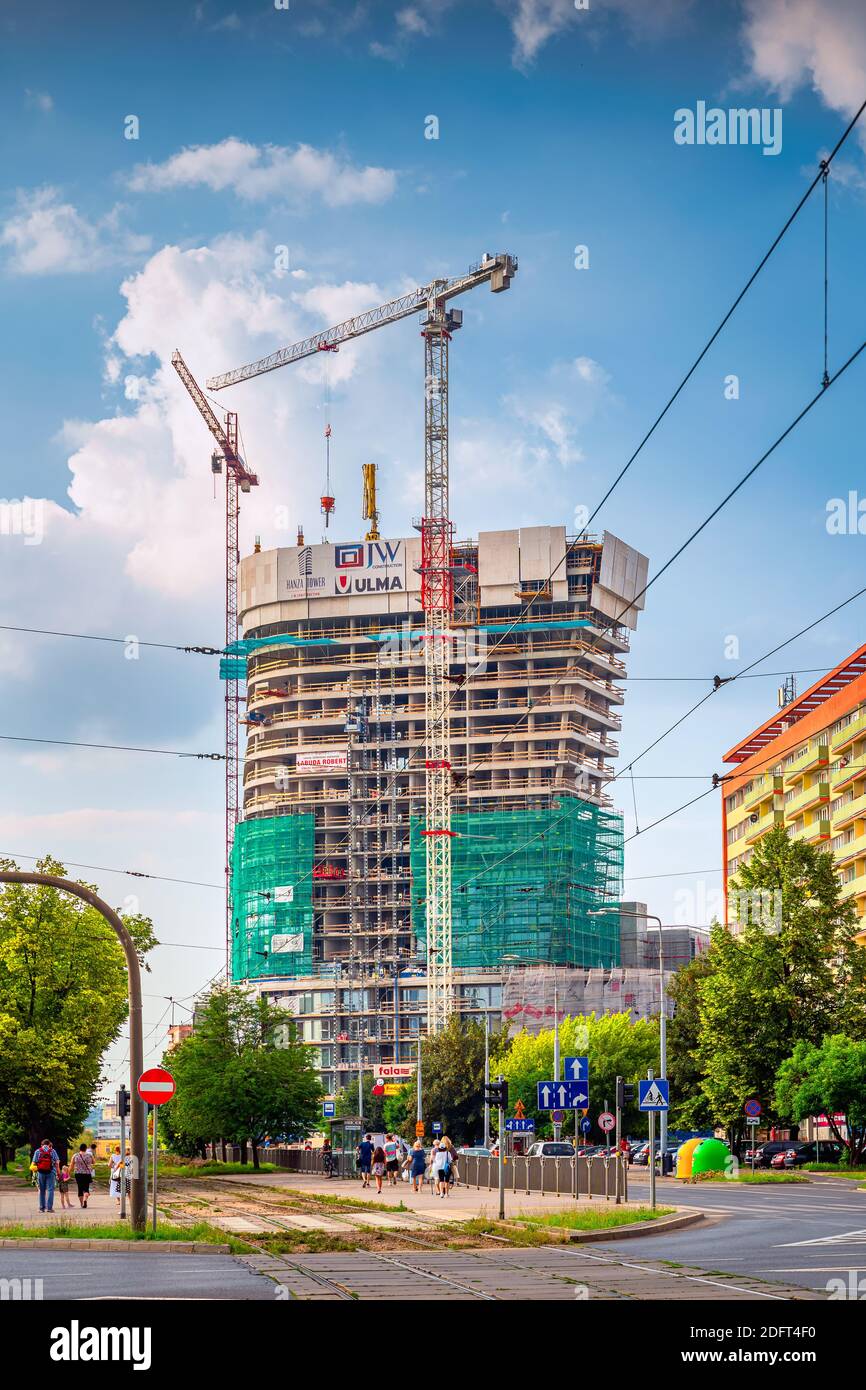 Szczecin, Poland June 2019 Hanza Tower under construction, new