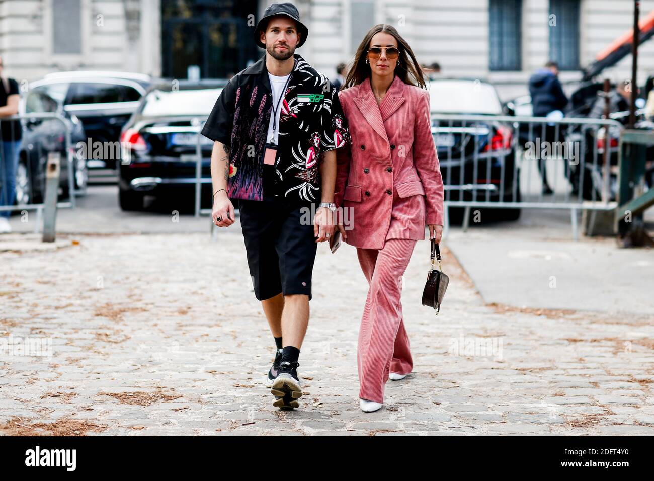 Street style, Alice Barbier and JS Roques arriving at Akris spring summer 2019 ready-to-wear show, held at Pavillon Ledoyen, in Paris, France, on September 30th, 2018. Photo by Marie-Paola Bertrand-Hillion/ABACAPRESS.COM Stock Photo