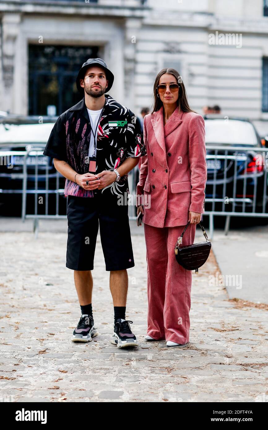Street style, Alice Barbier and JS Roques arriving at Akris spring summer 2019 ready-to-wear show, held at Pavillon Ledoyen, in Paris, France, on September 30th, 2018. Photo by Marie-Paola Bertrand-Hillion/ABACAPRESS.COM Stock Photo