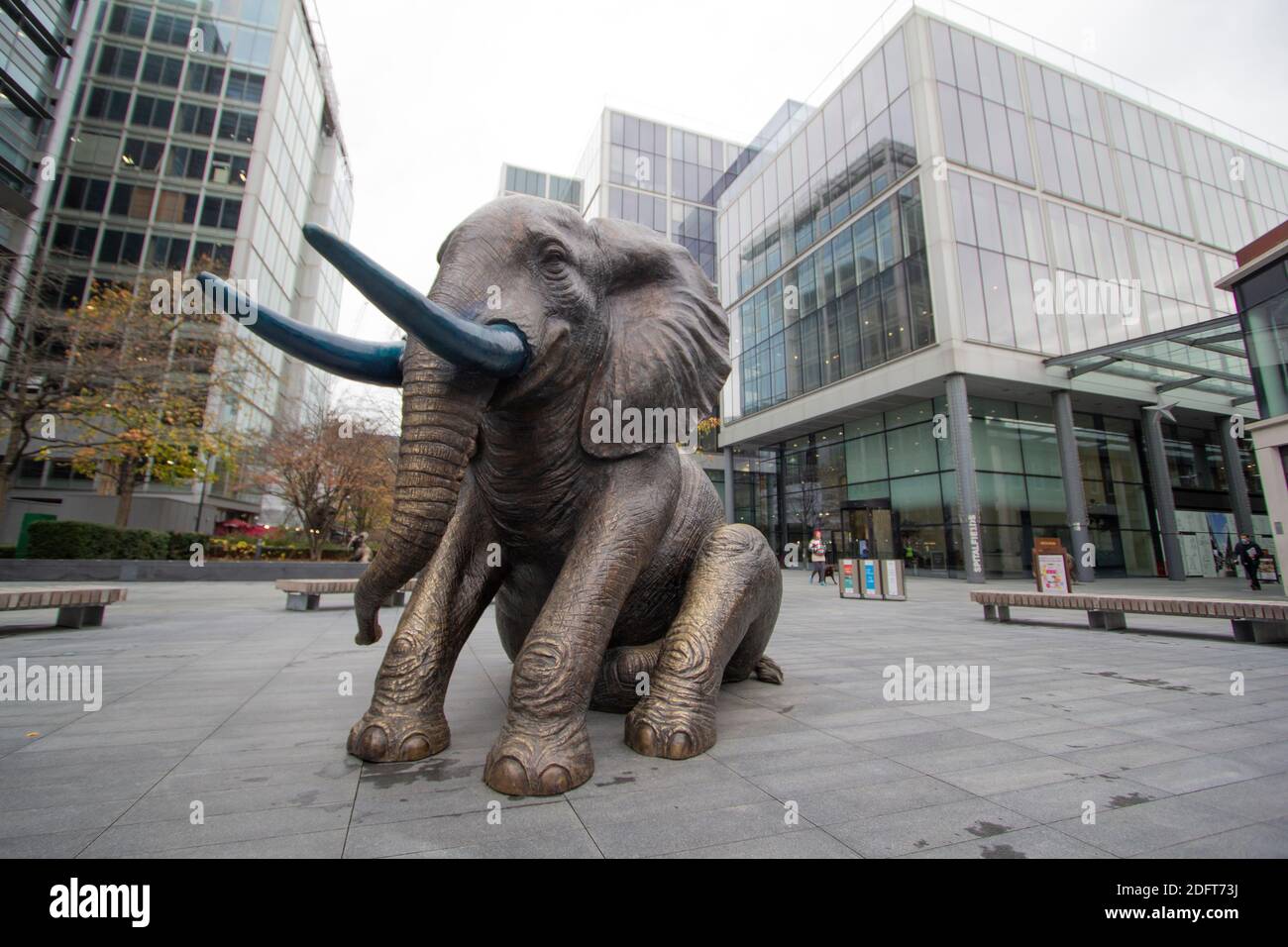 Elephant sculptures at Spitalfields London UK. The Orphans is a