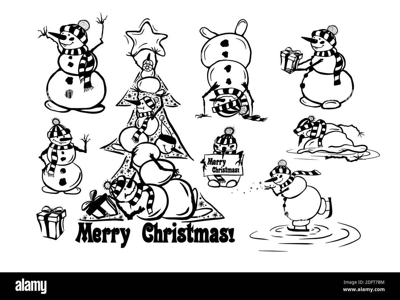 Coloring book for children. A set of cute snowmen. Vector illustration ...