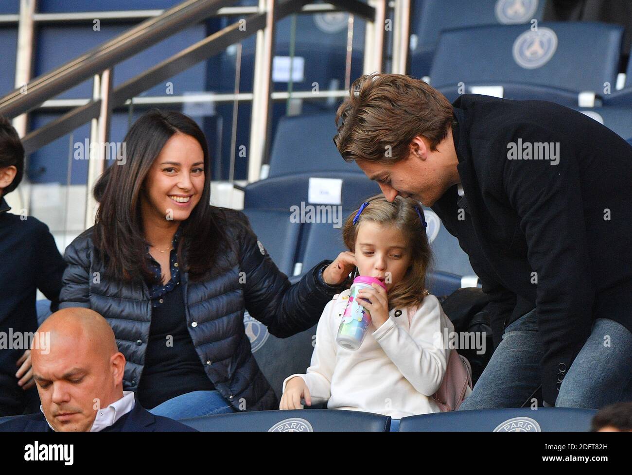 Please hide children's faces prior to the publication - Jean Sarkozy with  his Jessica and children Solal and Lola during the Ligue 1 Paris  Saint-Germain (PSG) v Amiens football match at the