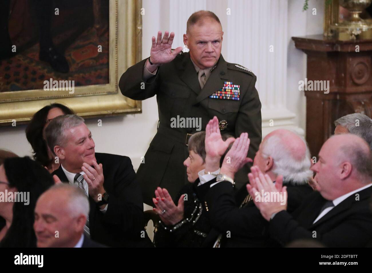 WASHINGTON, DC - OCTOBER 25: (AFP OUT) Commandant of the Marine Corps Gen. Robert Neller is recognized during an event commemorating the 35th anniversary of attack on the Beirut Barracks in the East Room of the White House October 25, 2018 in Washington, DC. On October 23, 1983 two truck bombs struck the buildings housing Multinational Force in Lebanon (MNF) peacekeepers, killing 241 U.S. and 58 French peacekeepers and 6 civilians. Photo by Chip Somodevilla/ABACAPRESS.COM Stock Photo