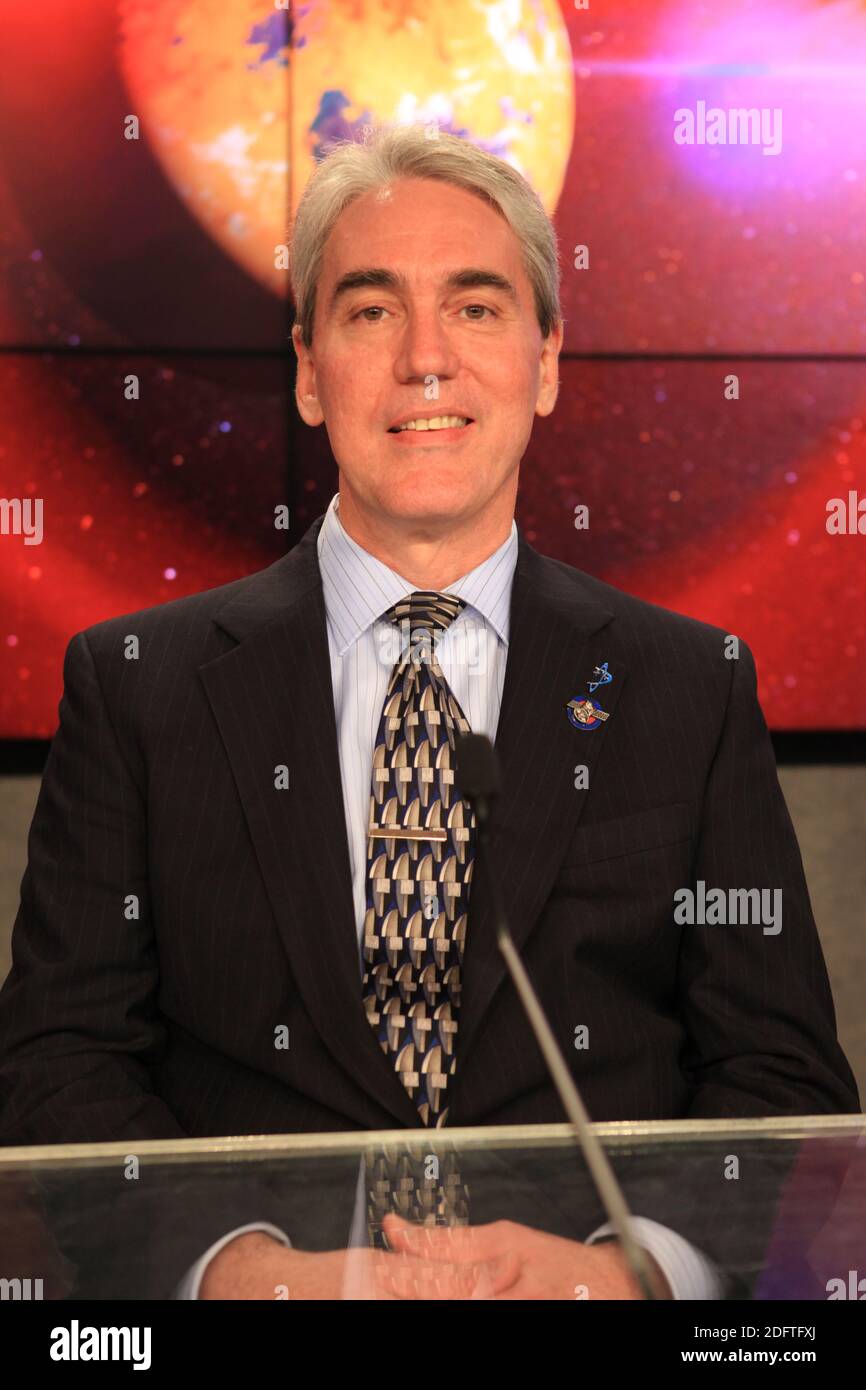 NASA Orbital ATK Spacecraft Program Manager Robert Lockwood speaks during the pre-launch mission briefing for the NASA Transitioning Exoplanet Survey Satellite (TESS) launch at the Kennedy Space Center Press Site Auditorium April 15, 2018 in Cape Canaveral, Florida. Stock Photo