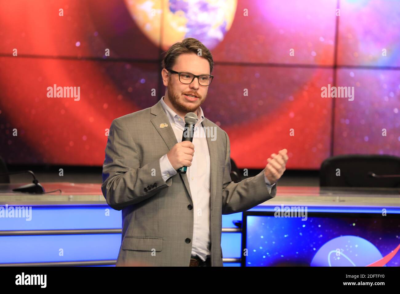 NASA Goddard Space Flight Center Scientist Tom Barclay speaks during the pre-launch mission briefing for the NASA Transitioning Exoplanet Survey Satellite (TESS) launch at the Kennedy Space Center Press Site Auditorium April 15, 2018 in Cape Canaveral, Florida. Stock Photo