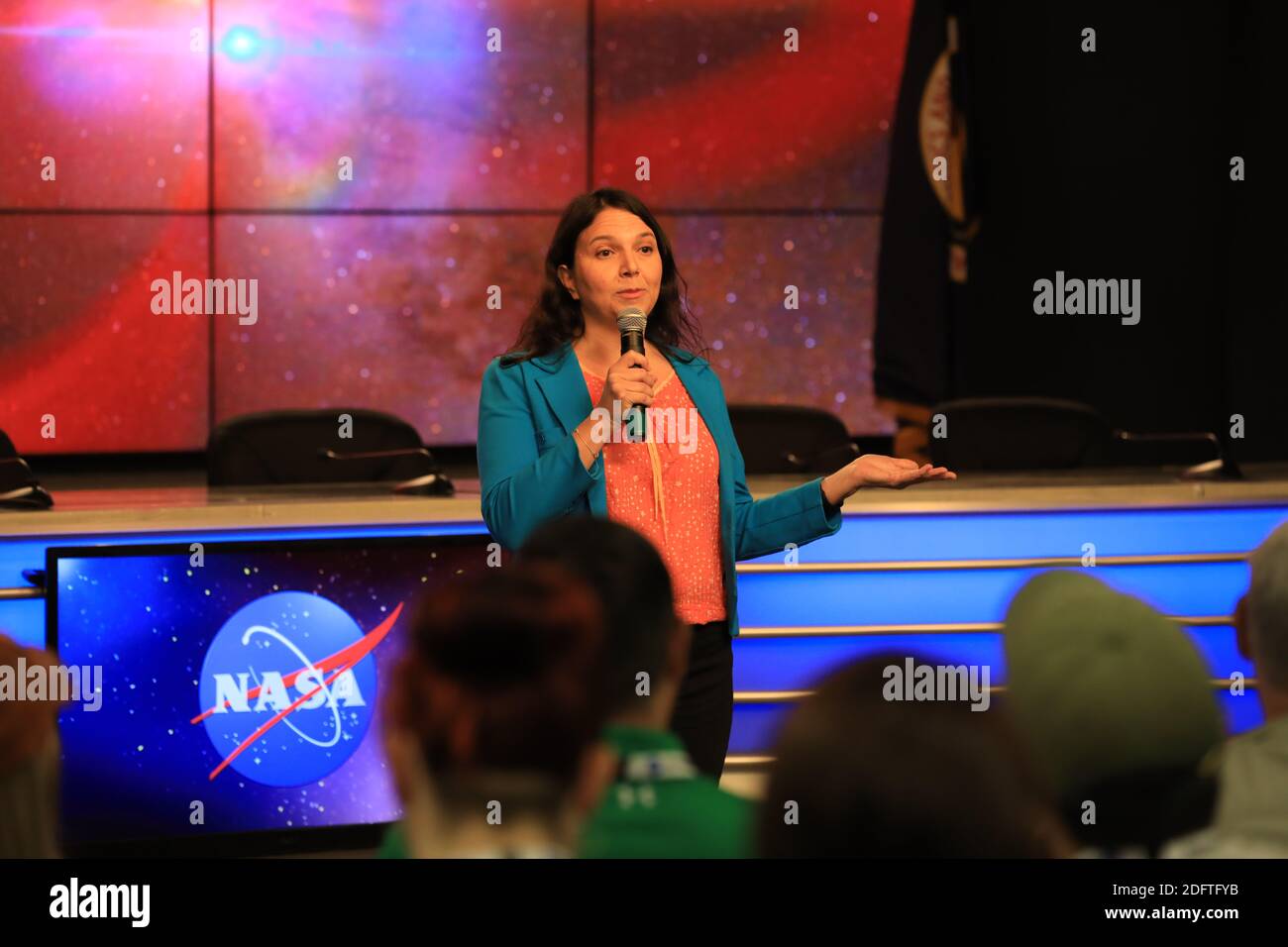 NASA Goddard Space Flight Center Scientist Elisa Quintana speaks during the pre-launch mission briefing for the NASA Transitioning Exoplanet Survey Satellite (TESS) launch at the Kennedy Space Center Press Site Auditorium April 15, 2018 in Cape Canaveral, Florida. Stock Photo