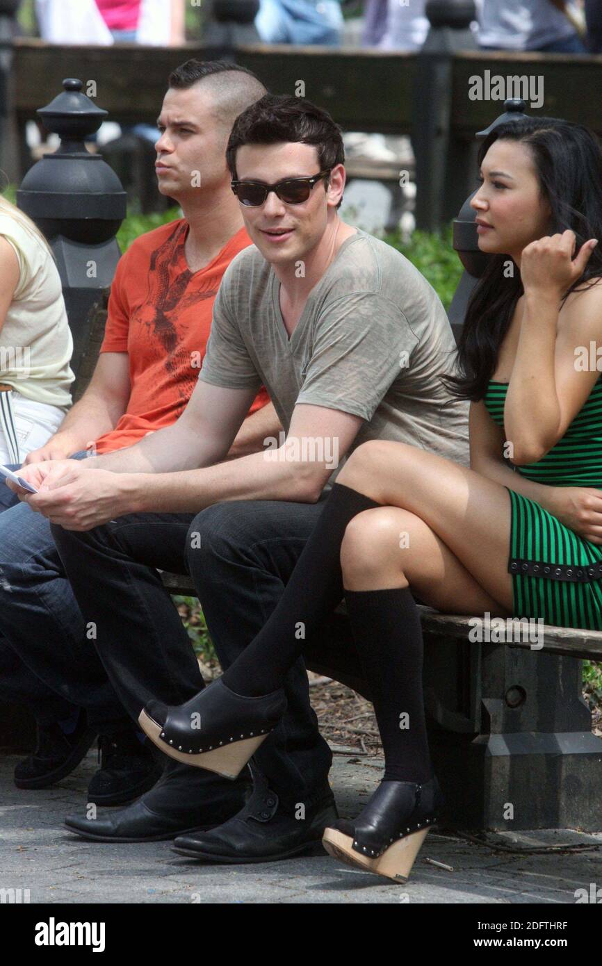 Mark Salling, Cory Monteith and Naya Rivera filming FOX's 'Glee' in Central Park in New York City on April 26, 2011.  Photo Credit: Henry McGee/MediaPunch Stock Photo