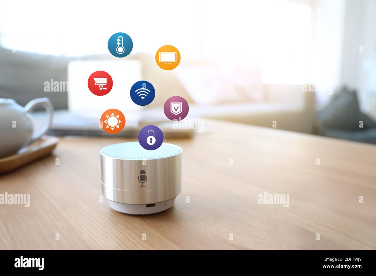 Smart home assistant device on table in room Stock Photo Alamy
