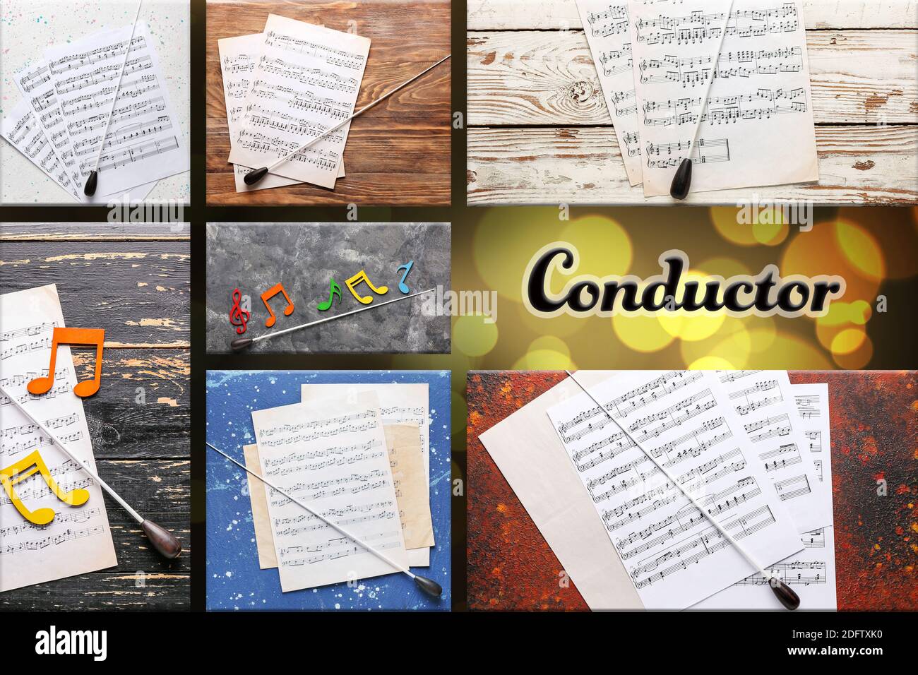Collage of photos with note signs and word CONDUCTOR Stock Photo - Alamy