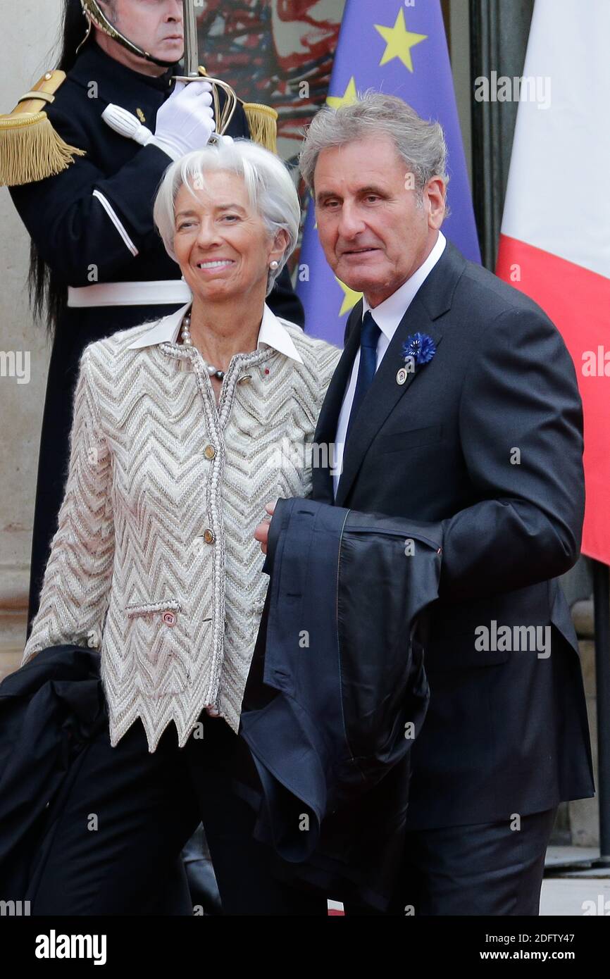 Christine Lagarde, Managing Director and Chairperson of the International Monetary Fund (IMF), with husband businessman Xavier Giocanti is welcomed at the Elysee Palace by the French President, Emmanuel Macron and his wife Brigitte Macron before going to the ceremony of the centenary of the armistice of 1918 at the Arc de Triomphe on November 11, 2018 in Paris, France. Photo by Thibaud MORITZ ABACAPRESS.COM Stock Photo