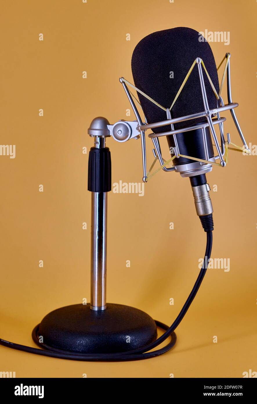Condenser studio microphone for broadcast communication, on a table stand Stock Photo