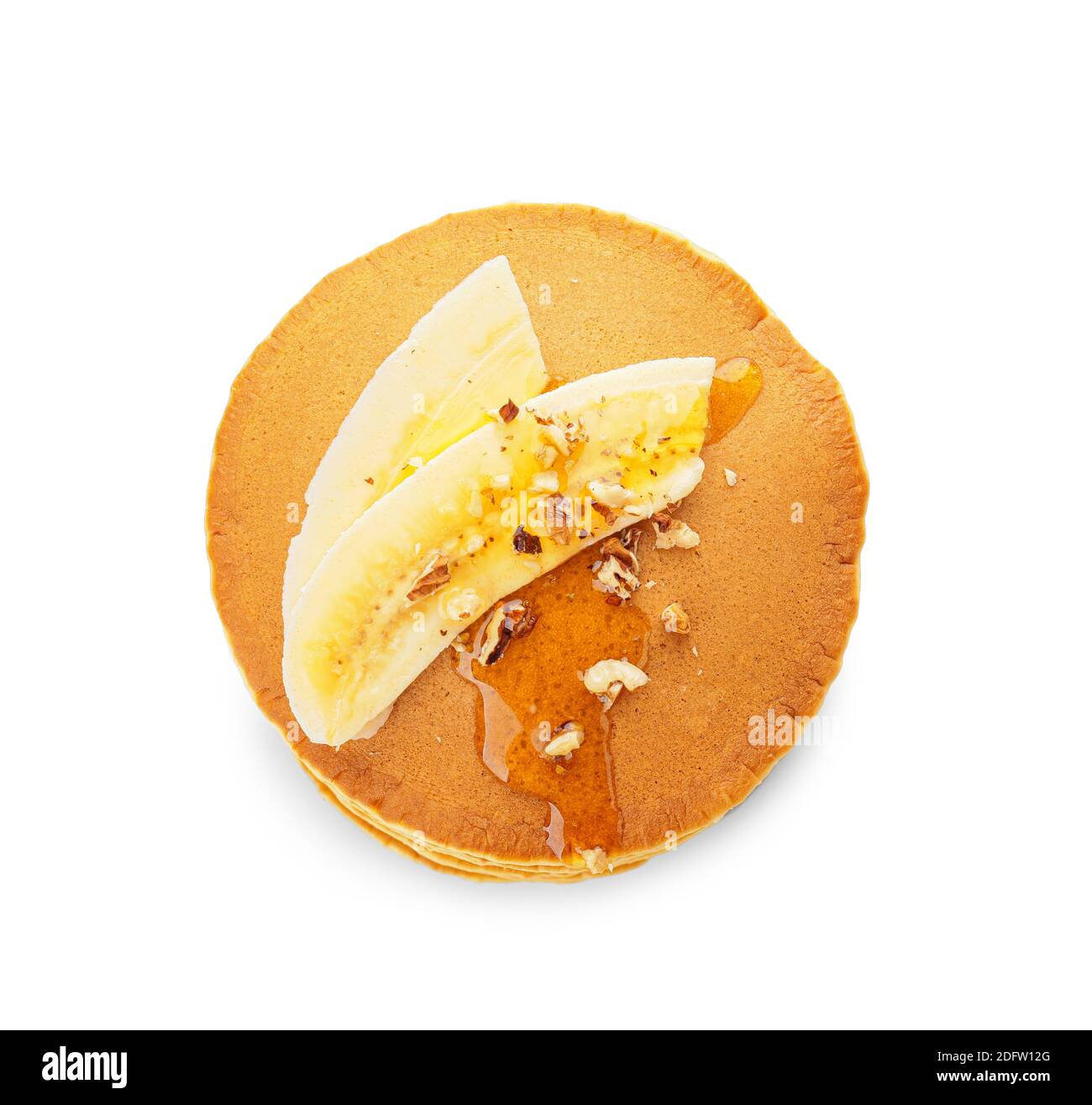 Tasty banana pancakes on white background Stock Photo Alamy