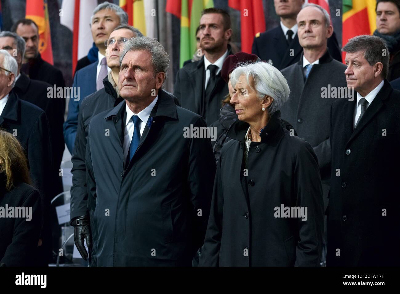 Christine Lagarde and Xavier Giocanti at Arc de Triomphe during a ceremony gathering heads of State around French president Emmanuel Macron to commemorate the 100th year of end of World War I, on November 11, 2018 in Paris, France. Photo by Hamilton/pool/ABACAPRESS.COM Stock Photo