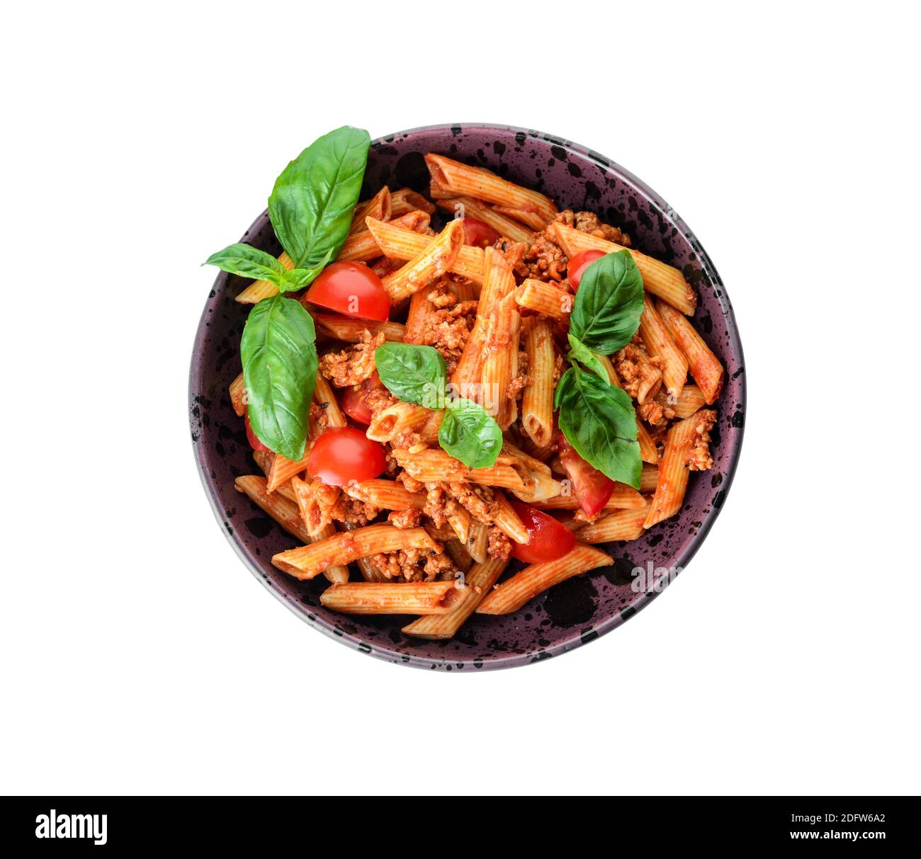 Plate of penne pasta with tomato sauce on white background Stock Photo