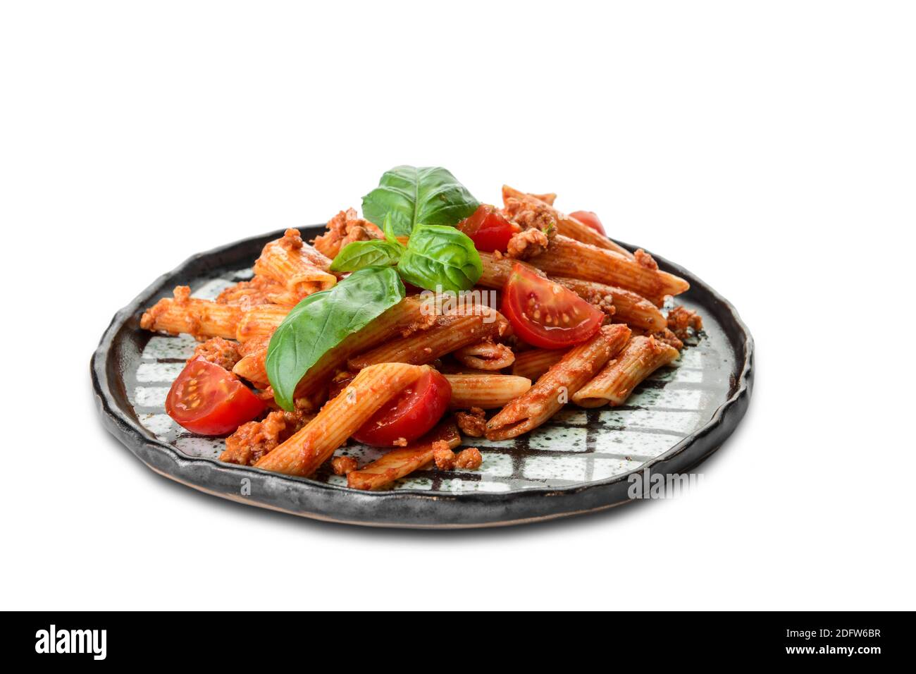 Plate of penne pasta with tomato sauce on white background Stock Photo