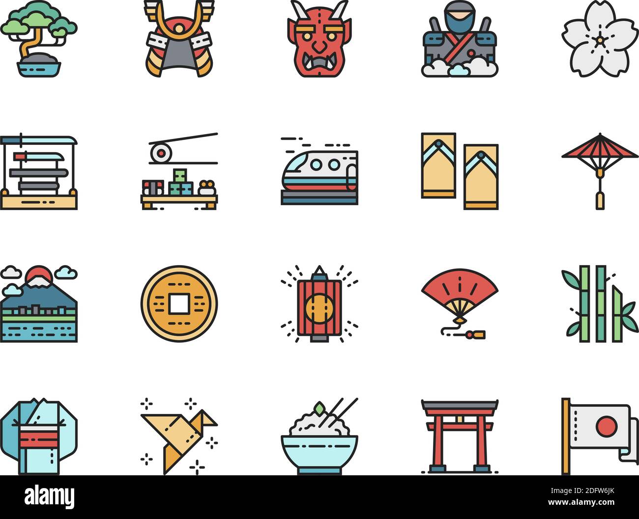 Set of Japanese Culture Color Line Icons. Bonsai Tree, Katana, Sushi and more Stock Vector Image