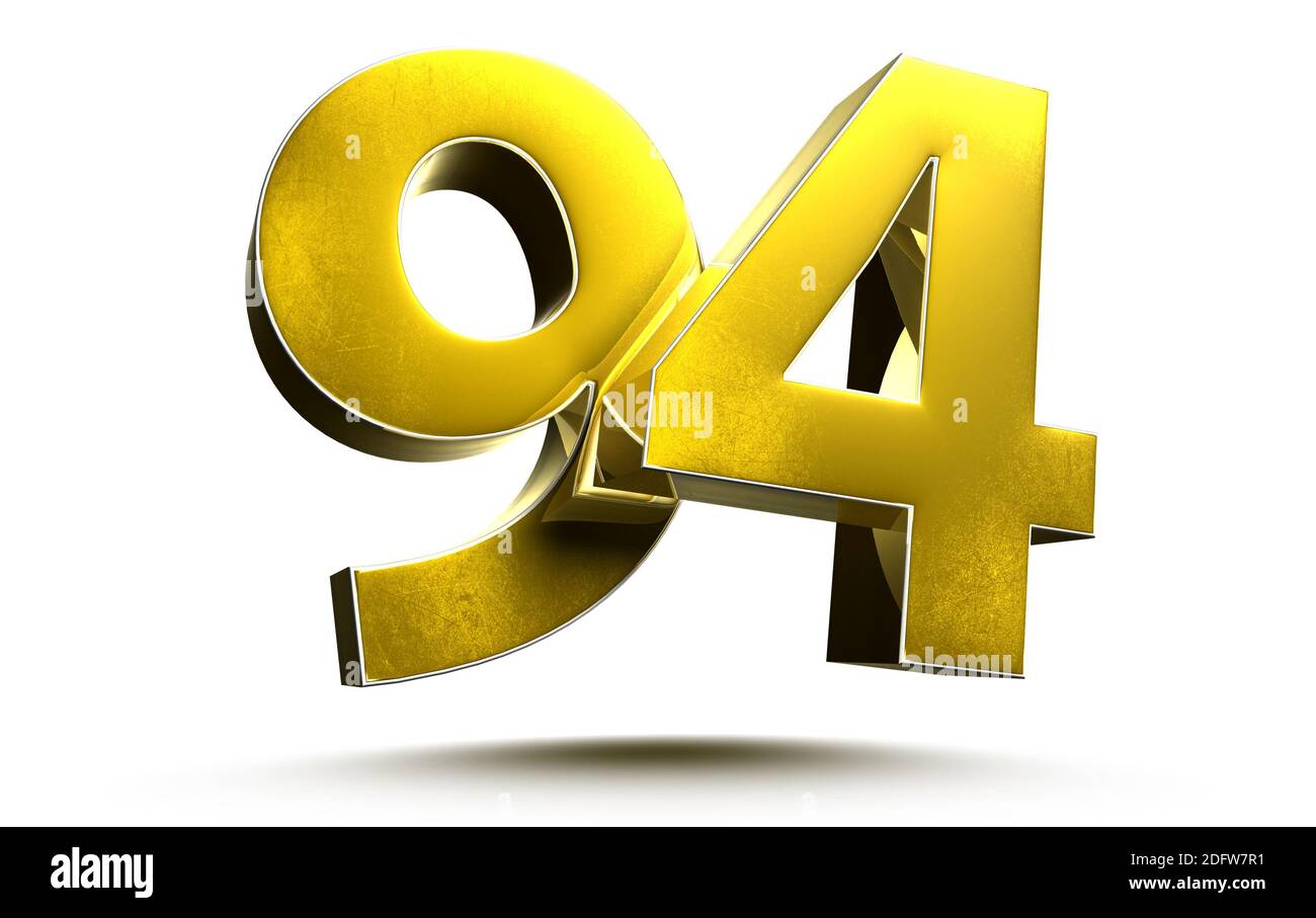 Gold numbers 94 isolated on white background illustration 3D rendering with clipping path. Stock Photo