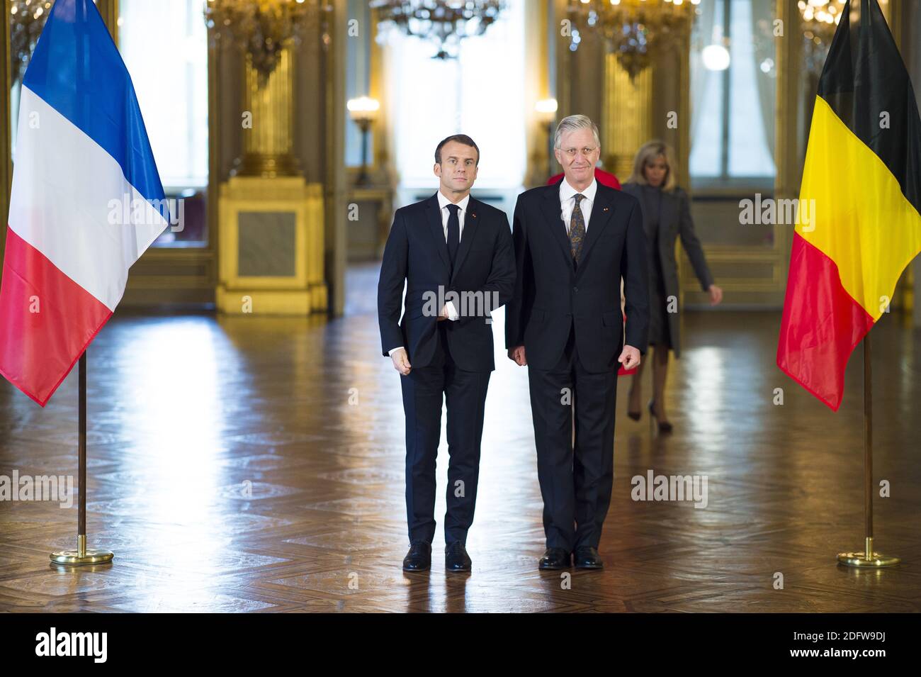 King Philippe of Belgium greets President Emmanuel Macron at the Royal  Palace in Brussels, on the first day of the French presidential couple  2-day State Visit to Belgium. Photo by Eliot Blondet/ABACAPRESS.COM