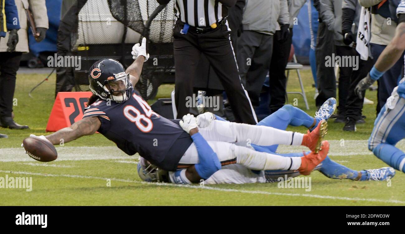 Chicago, United States. 06th Dec, 2020. Chicago Bears wide receiver Cordarrelle Patterson (84) stretches out for the first down as he is taken down by Detroit Lions defensive back Tracy Walker (21) during the fourth quarter of play at Soldier Field in Chicago on Sunday, December 6, 2020. The Detroit Lions defeated the Chicago Bears 34-30. Photo by Mark Black/UPI Credit: UPI/Alamy Live News Stock Photo