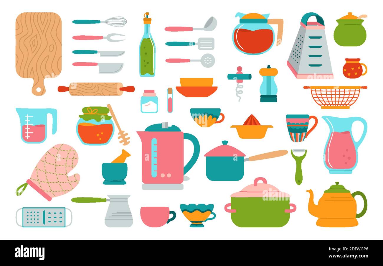 Kitchen tool flat set. Modern cooking baking cartoon dishes, equipments.  Dishes cup, tack teapot, grater and pan. Hand drawn kitchen utensils  collection objects. Food preparation. Vector illustration Stock Vector  Image & Art -