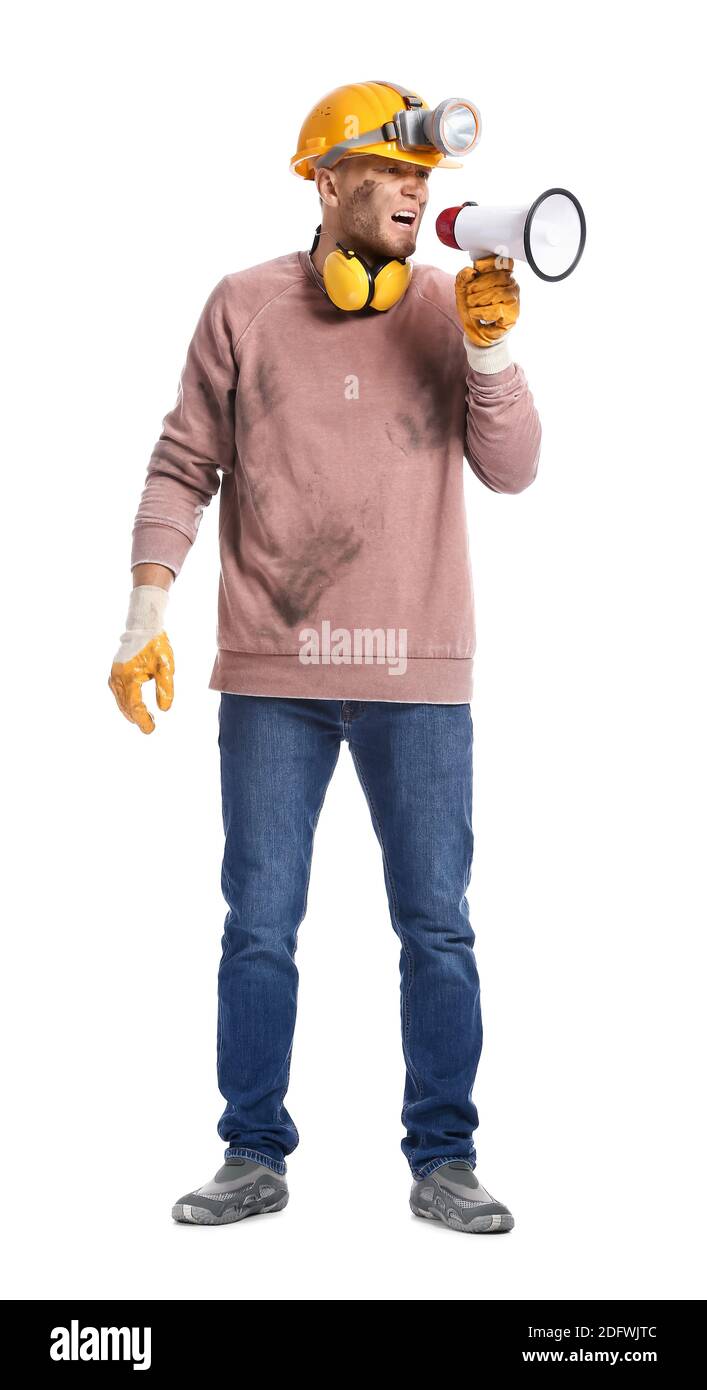 Protesting miner man with megaphone on white background Stock Photo