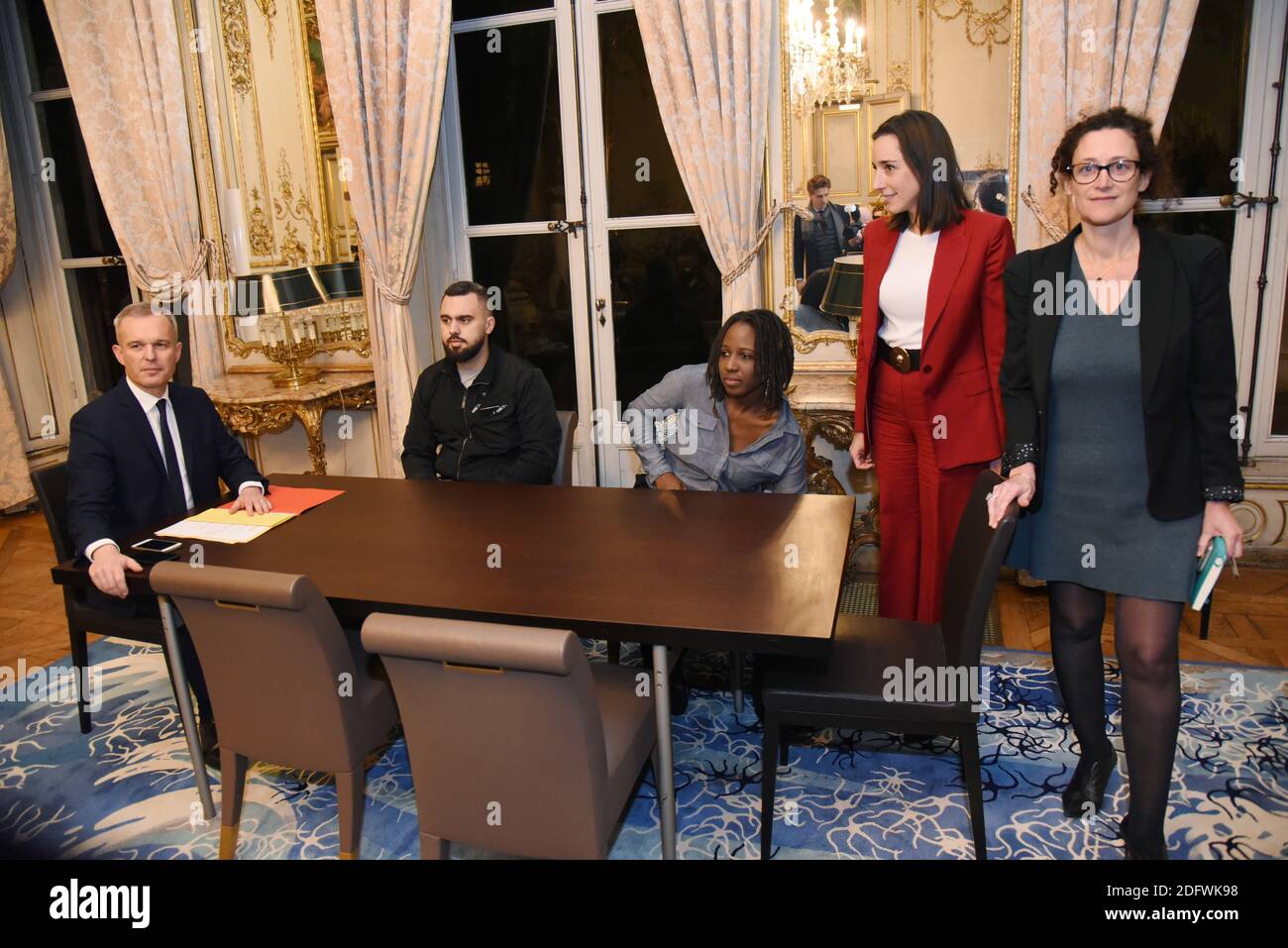 Minister for the Ecological and Inclusive Transition Francois de Rugy and  Junior Minister attached to the Minister of Ecological and Inclusive  Transition Brune Poirson welcome two representatives of the yellow vests ( Gilets