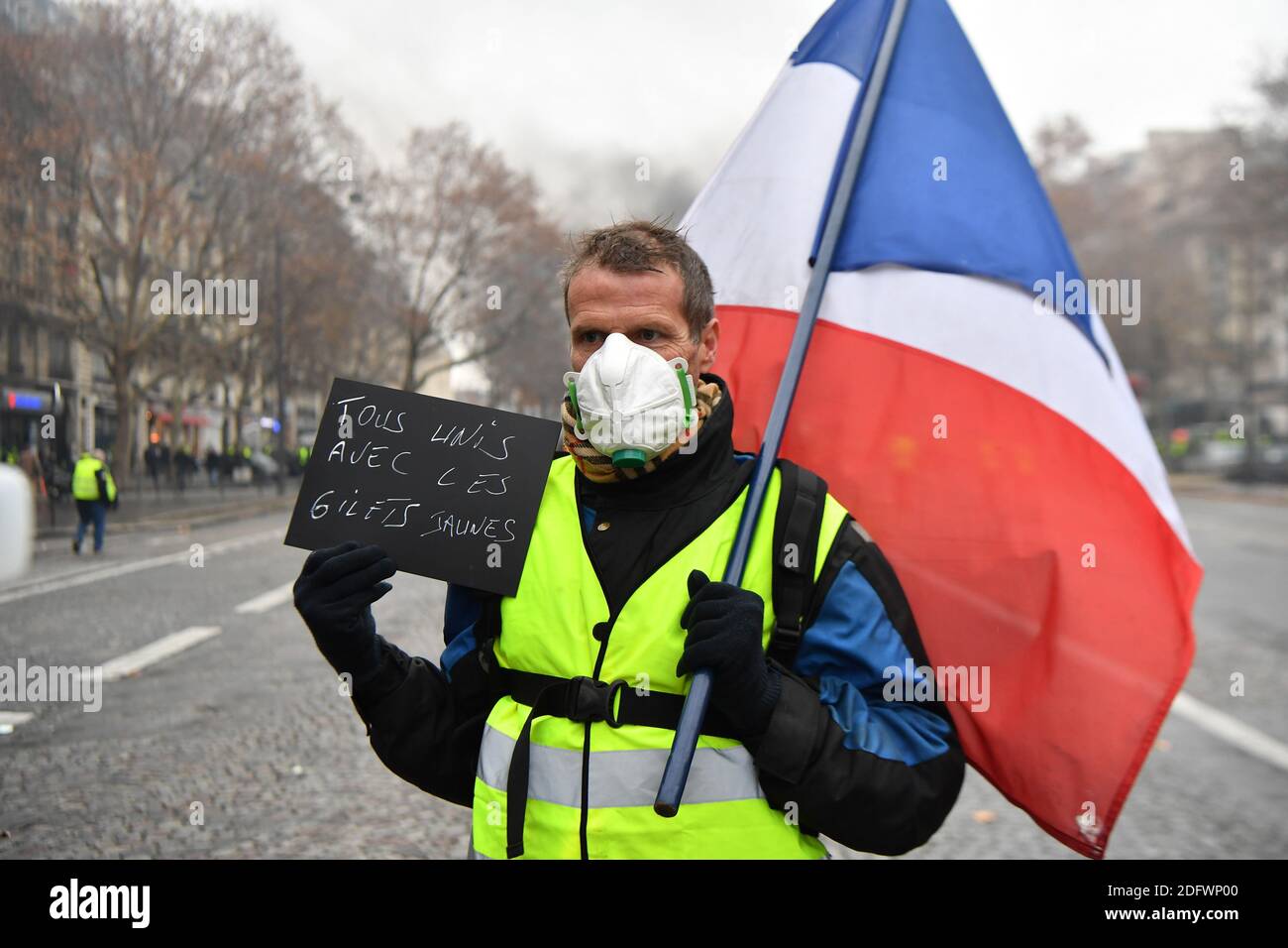 Yellow vests (Gilets jaunes) protest against rising oil prices and living  costs on the Champs Elysees in Paris, on December 1, 2018. Thousands of  anti-government protesters are expected today on the Champs-Elysees