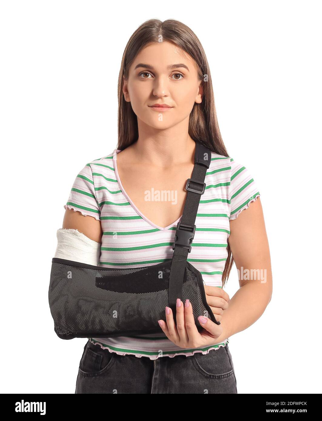 Young woman with broken arm on white background Stock Photo Alamy