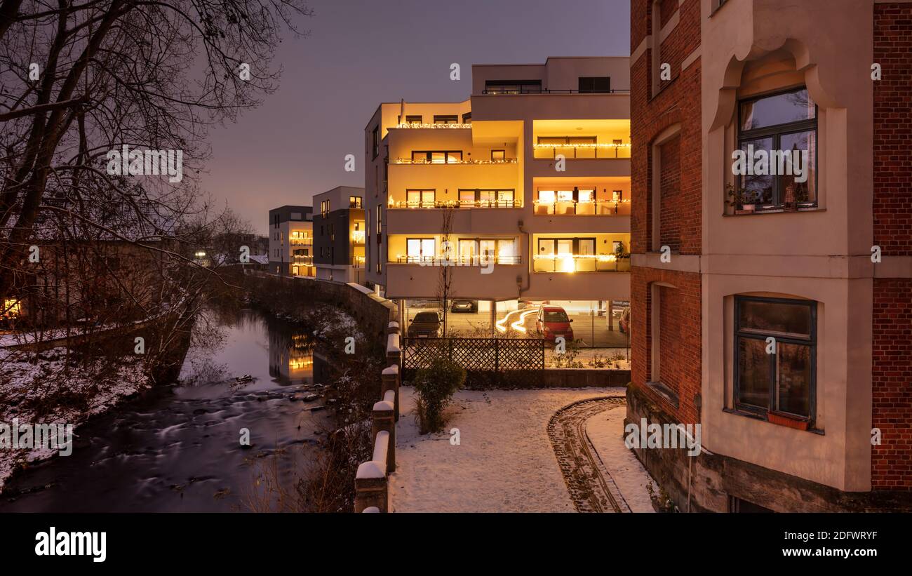 Modern Bauhaus-style building at night with Christmas illumination in Coburg, Germany Stock Photo
