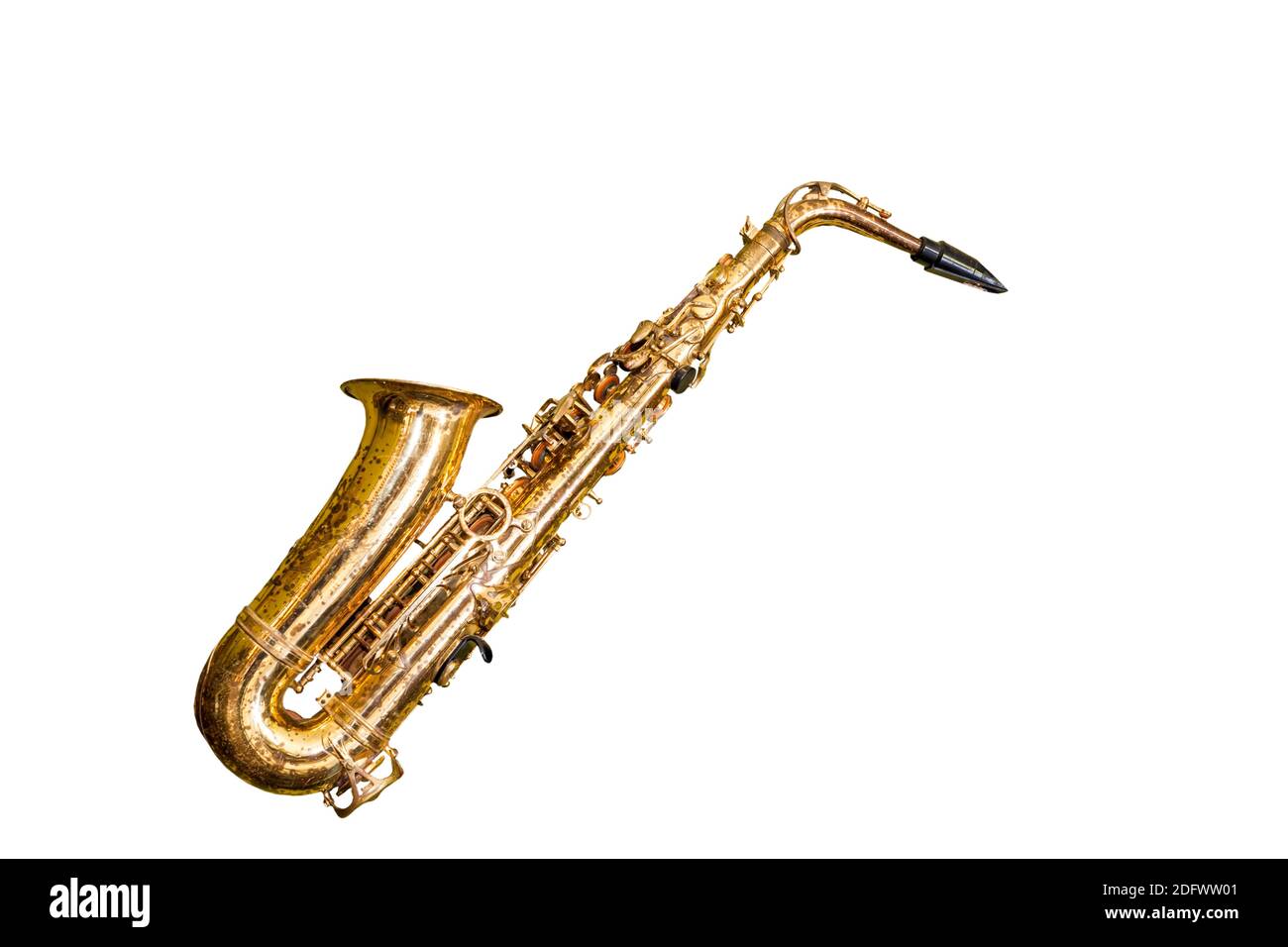 Close up old classic saxophone isolated on white background.Saved with clipping path. Stock Photo