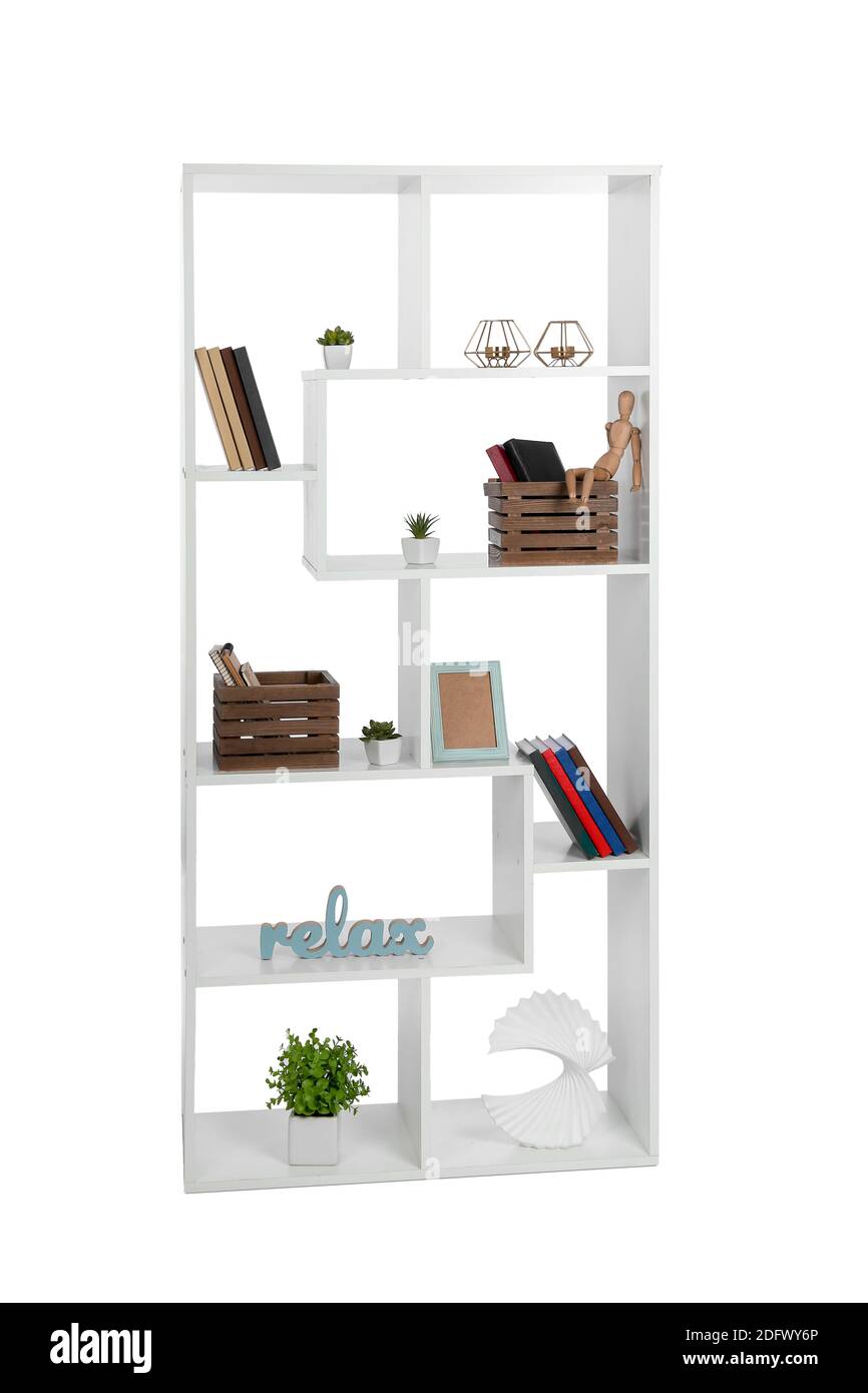 Modern shelf unit on white background Stock Photo Alamy