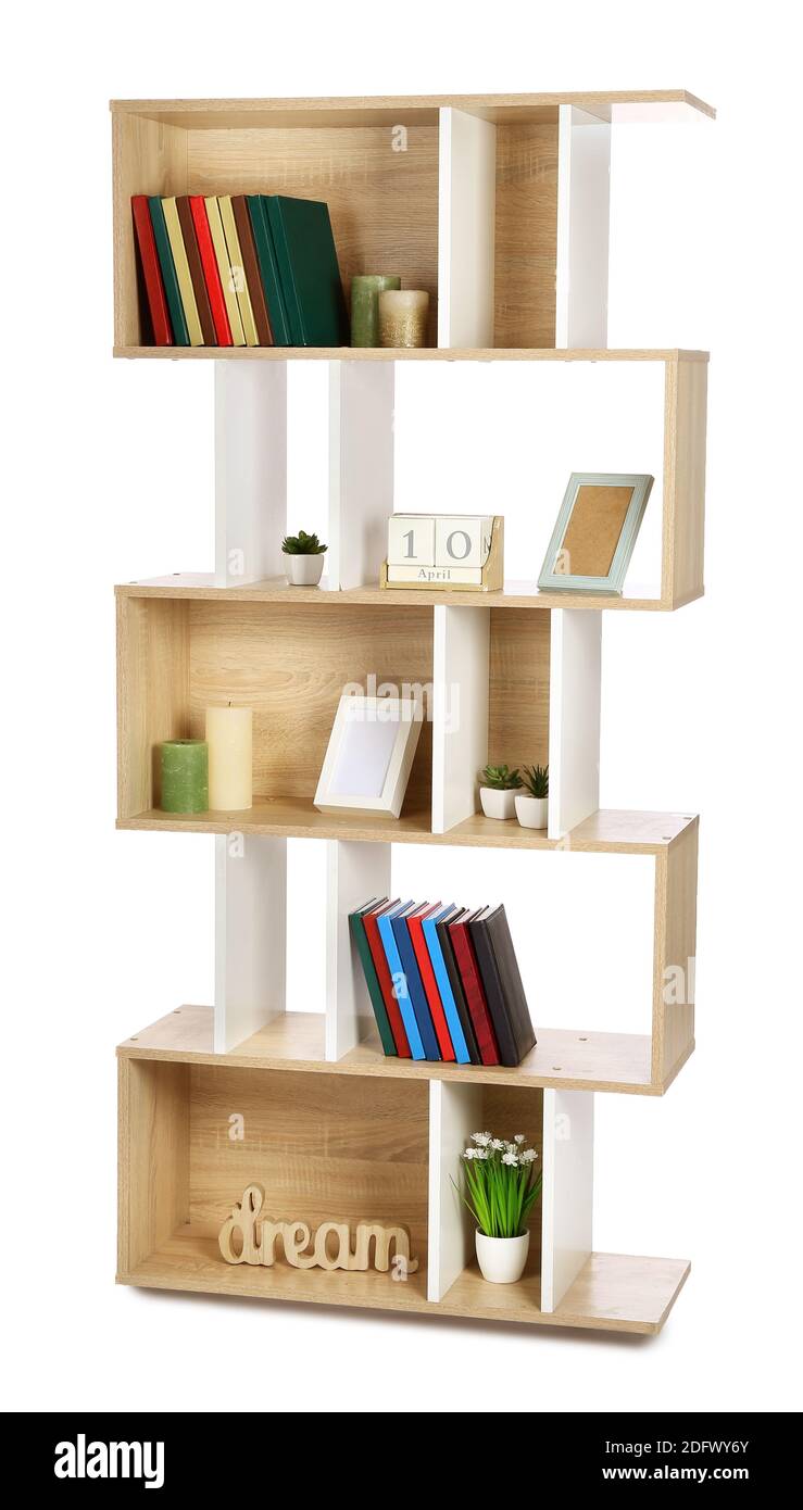 Modern shelf unit on white background Stock Photo Alamy